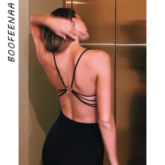 BOOFEENAA Sexy Open Back Crop Tops for Women Clothes Streetwear Black White Spaghetti Strap Tank Top Summer 2021 C76-AG10