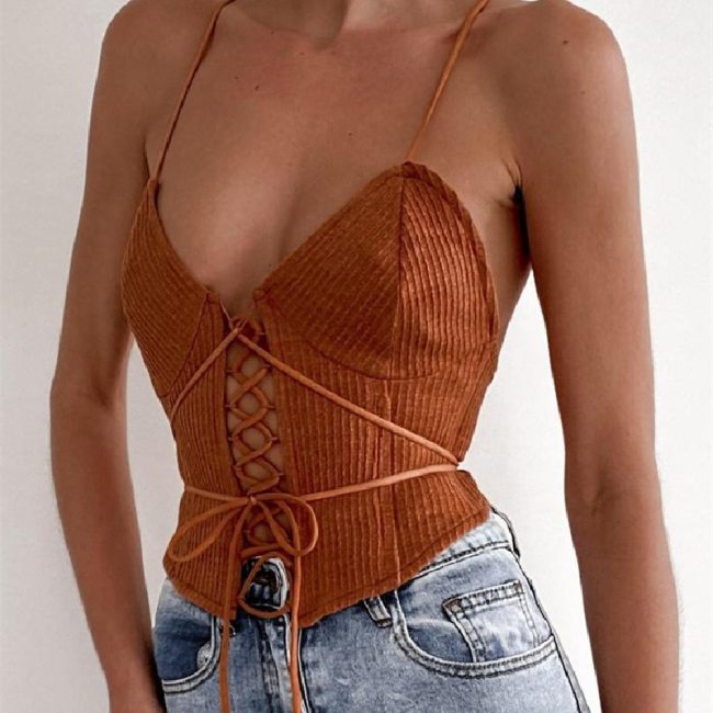 Cryptographic Vintage Fashion Sexy Bandage Straps Crop Tops Women Elegant Ribbed Hollow Out Backless Sleeveless Top Streetwear