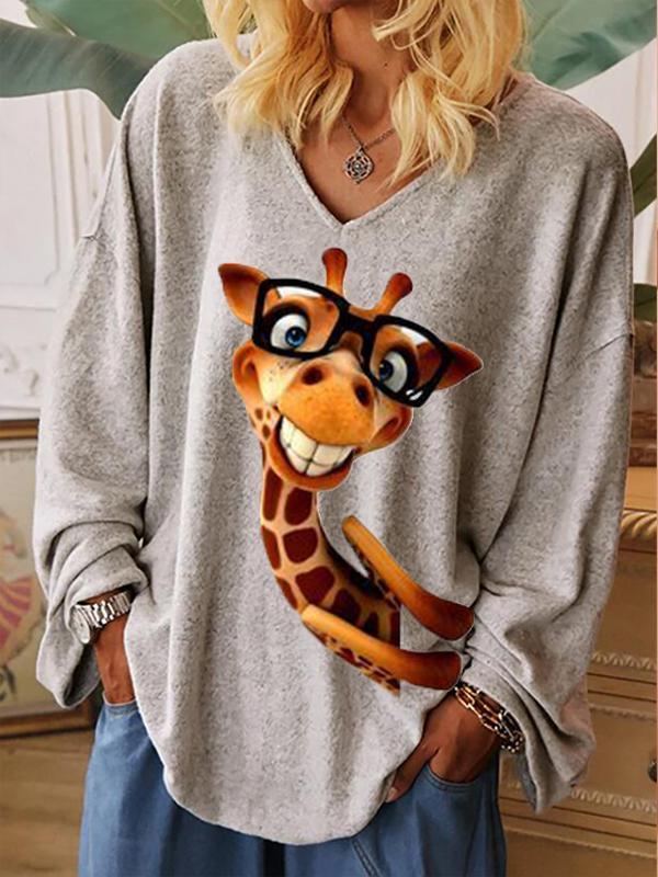 Women's Fun Giraffe Print V-neck Casual T-shirt