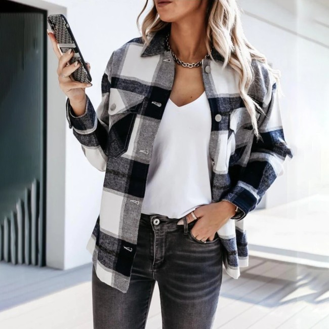 Shirts For Women Plaid Long Sleeve Button Up Shirt Collared Tops And Blouse 2021 Autumn Spring Fashion Loose Casual Black White
