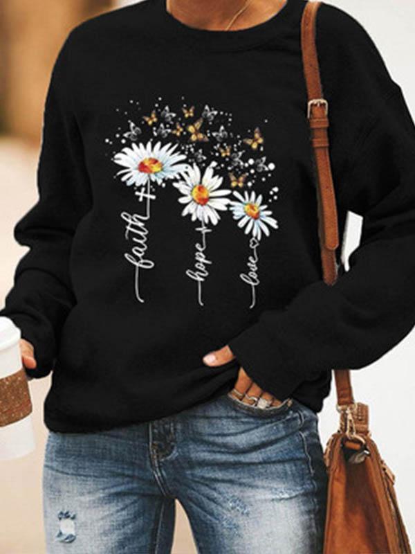 Women's Belief in the small daisy and butterfly print casual round neck sweater