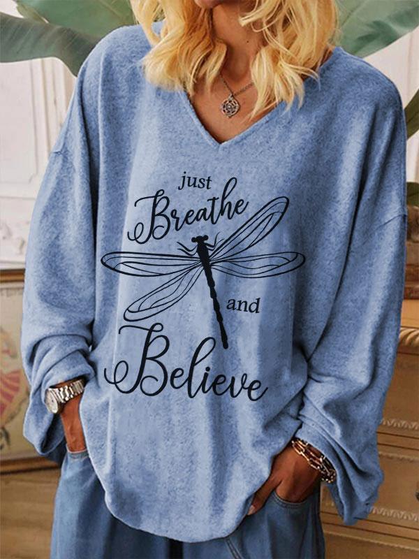 Women's Just Breathe and Believe print V-neck T-shirt