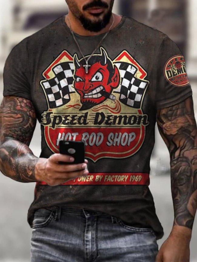Mens Speed Demon Motorcycle Print Fashion T-shirt