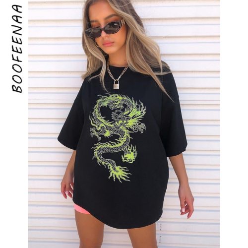 BOOFEENAA Hip Hop Fashion Oversize Graphic Tees Womens Clothing Streetwear Dragon Print Black Round Neck Loose T Shirt C84-AB11