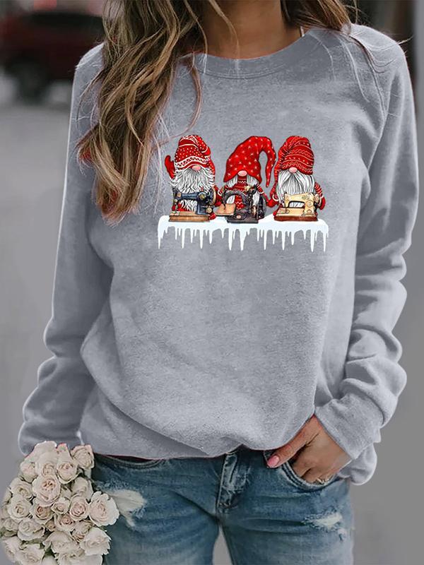 Women's Christmas Gnomes Print Long Sleeve Round Neck Sweatshirt