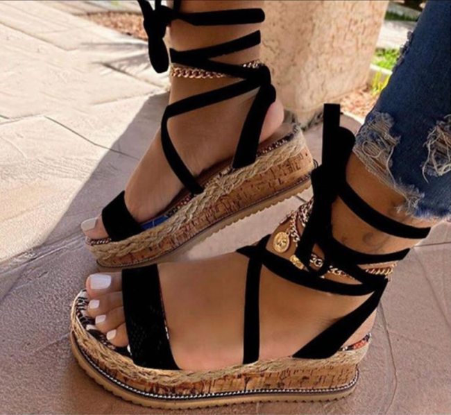 2021Women Sandals Summer Ethnic Snake Print Fashion Casual Wedge Shoes Lace Up Lady Platform Beach Shoes Ladies Plus Size Sandal