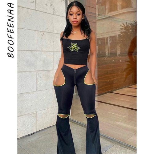 BOOFEENAA Cyber Y2k Low Rise Hollow Out Flare Pants Sexy Black Sweatpants Grunge Clothes Streetwear Trousers 2021 C85-CZ19