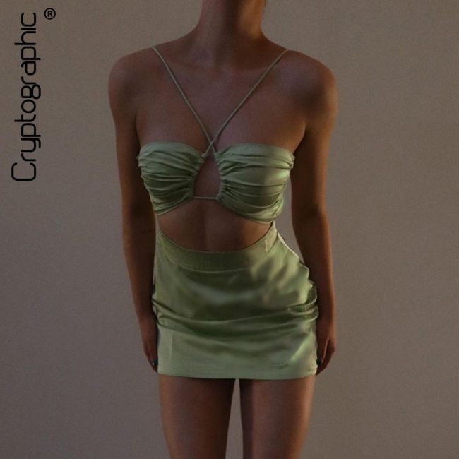 Cryptographic Fashion Summer Halter Sexy Backless Mini Dress Holiday Elegant Skinny Sleeveless Club Party Dresses Bodycon