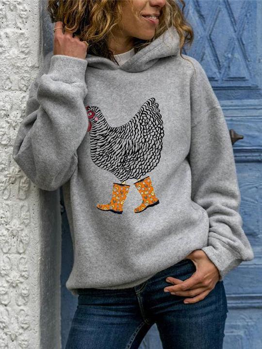 Ladies funny chicken print hooded sweater with rain boots