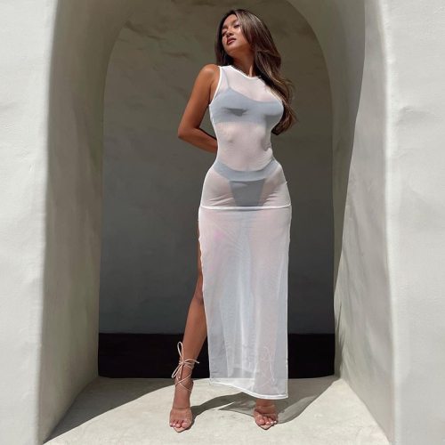 BOOFEENAA Sexy Sheer Mesh Sleeveless Long Dress with Side Split White Beachwear Cover Up Vacation Outfits Summer 2021 C66-BZ13