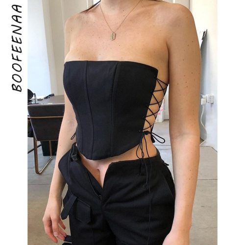 BOOFEENAA Black Corset Top for Women Vintage Sexy Party Club Wear Crop Tops Side Hollow Out Lace Up Bustier Top C85-AI10