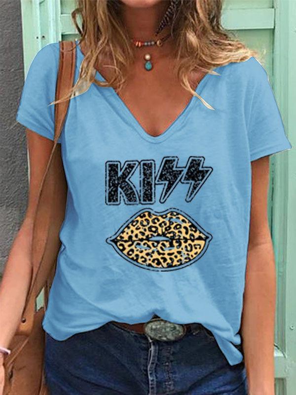 Ladies Kiss Leopard Print Lips Valentine's Day Print V-Neck Short Sleeve T-Shirt