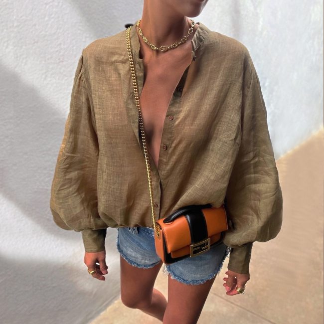 Cryptographic See Through Blouses Shirts Fashion Puff Sleeve Tops Button Up Shirt for Women Cardigan Casual Oversized Autumn