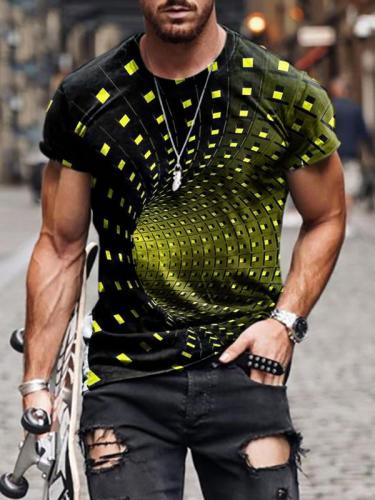 Men's tunnel square lattice 3D digital printing round neck short sleeve T-shirt