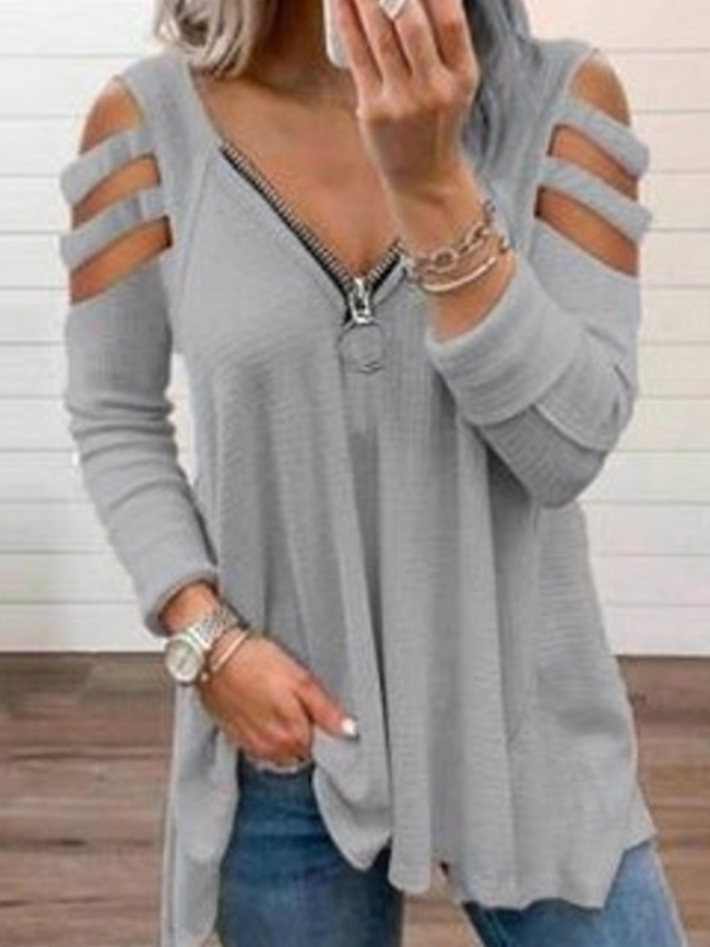 Spring new sexy low-cut zipper solid color shoulder strap long-sleeved T-shirt
