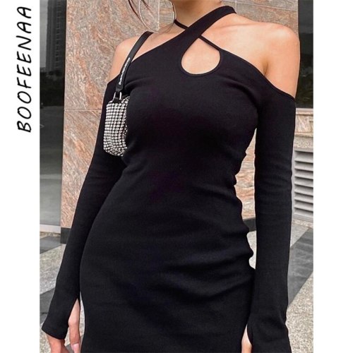BOOFEENAA Sexy Black Bodycon Mini Dress 2021 Trend Fashion Women Irregular Cross Hollow Off Shoulder Long Sleeve Dress C33-CZ19