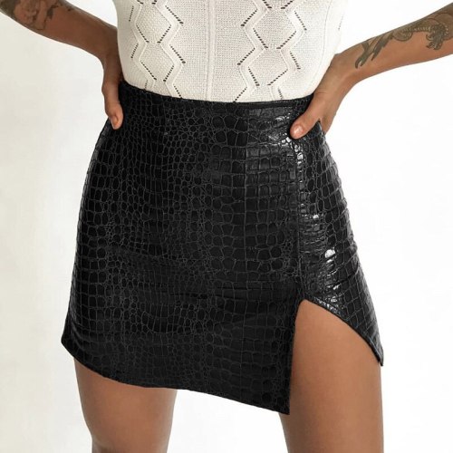 BOOFEENAA Crocodile PU Leather Black Sexy Mini Skirts Womens Fashion Winter 2019 High Waist Split Pencil Skirt C77-AZ88