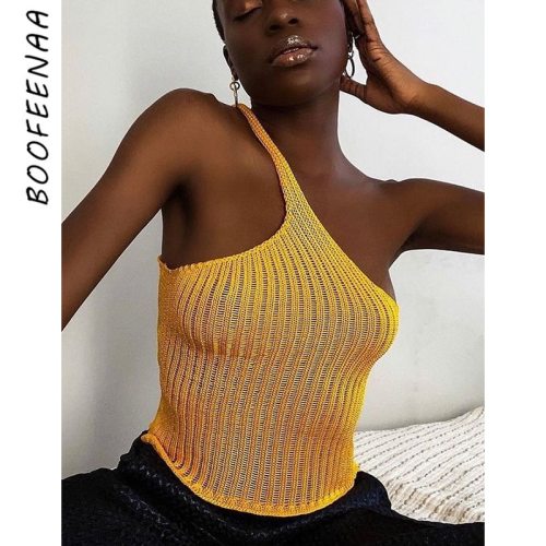 BOOFEENAA Sexy Solid Color Knitted One Shoulder Crop Top Women Y2k Streetwear Yellow T Shirt Vintage Tank Tops Camis C76-BE10
