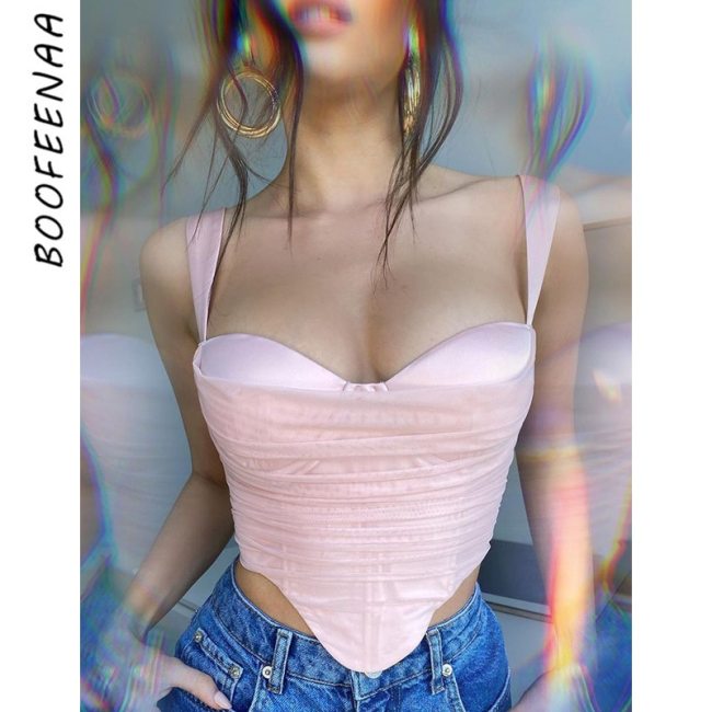 BOOFEENAA Sexy Mesh Corsets for Women Party Clubwear Pink Red Backless Zipper Bustier Crop Tank Tops Summer 2021 C85-CZ10