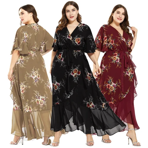 Plus Size Dress Women's Printed Chiffon Fashion Floral Maxi Dress