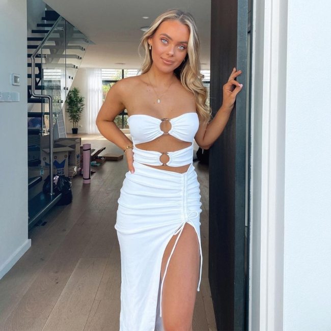 BOOFEENAA Sexy Cut Out O Ring Bodycon Dresses for Women Beach Party Club Outfits White Elegant Midi Dress with Split C16-CZ16