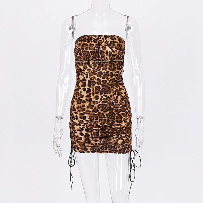 BOOFEENAA Cheetah Print Sexy Dress Open Back Strapless Drawstring Ruched Mini Bodycon Dresses Leapard Clubwear C70-I71
