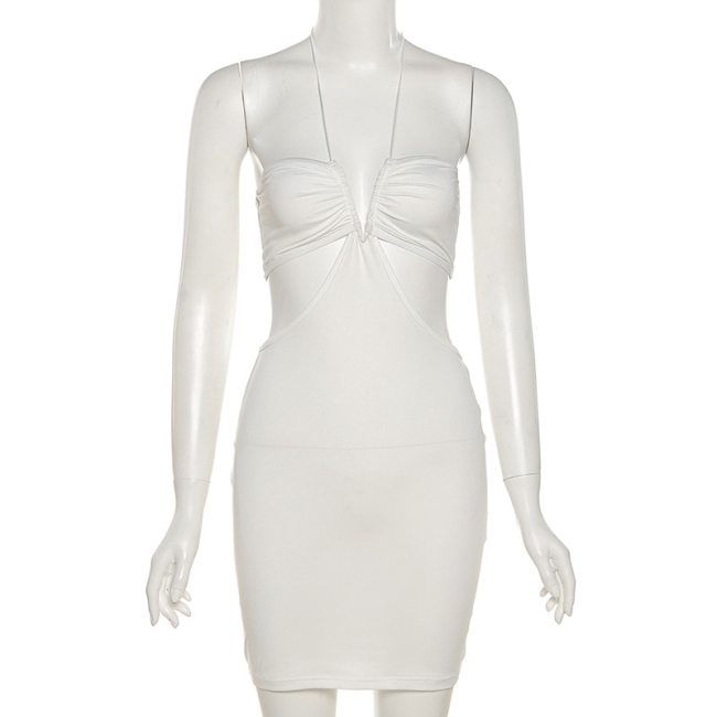 BOOFEENAA Sexy White Backless Halter Bodycon Dress with Cutouts Summer 2021 Fashion Mini Dresses Club Outfits for Women C96-BC13