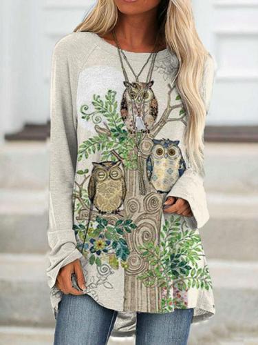 Women's Owls Tree Print Long Sleeves Loose Top
