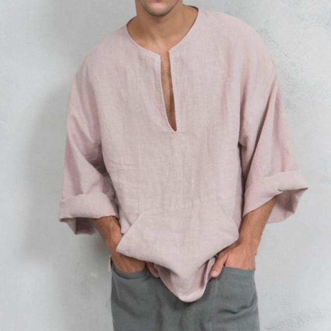 Solidna bawełniana i lniana koszula męska z przednią kieszenią