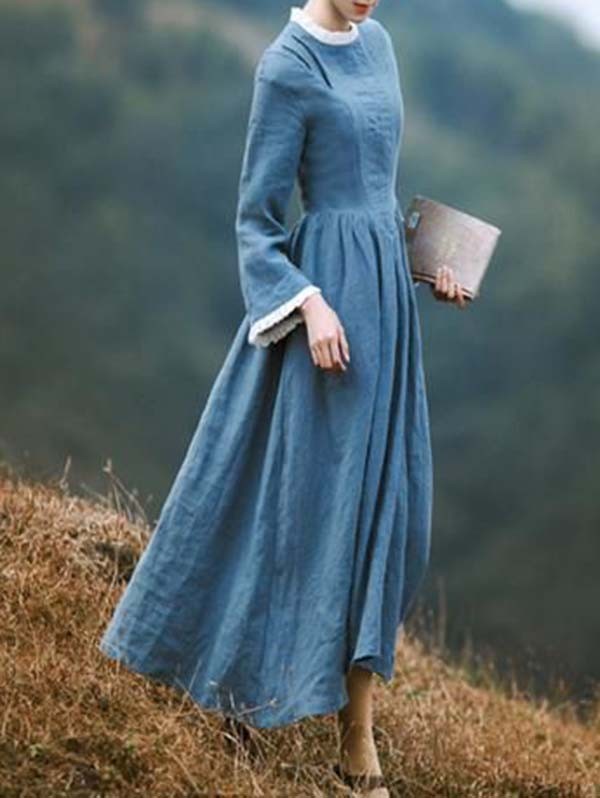 Retro Cotton And Linen Blue Long-sleeved Slim Dress