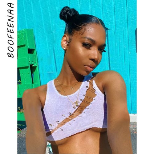 BOOFEENAA Safety Pin Cut Out Cropped Tank Top Women Rave Festival Club Wear Sexy White Ribbed Sleeveless Crop Tops C99-BH10