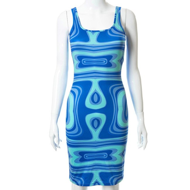 BOOFEENAA Y2k Dress Blue Water Ripple Printed Sexy Sleeveless Bodyocn Mini Dresses for Women 2021 Summer Clothes C85-AG14