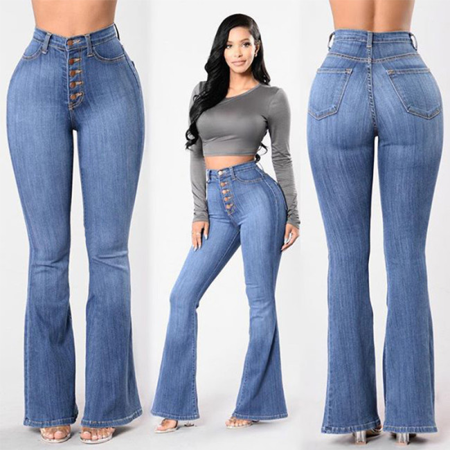【Darmowa Dostawa】Ladies Jeans High Waist Buttoned Wide Leg Flared Pants S-4XL