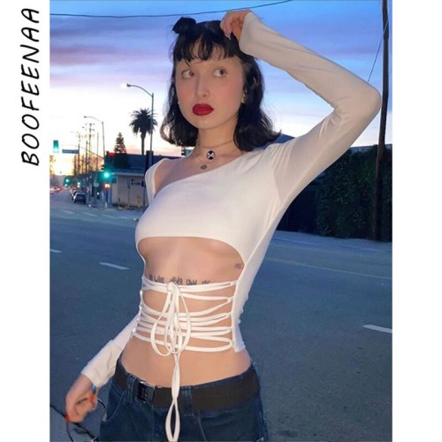BOOFEENAA White Sexy T Shirt Women Clothes Kpop Streetwear Ladies Tops Hollow Out Lace Up Long Sleeve Slim Crop Top 2020 C71AZ94