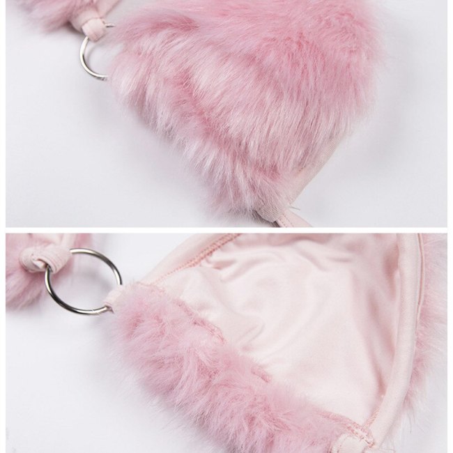 BOOFEENAA Fuzzy Pink Faux Fur Sexy Bralette Crop Top Rave Festival Halter Backless Bandage Summer Tops for Women 2020 C94-H01