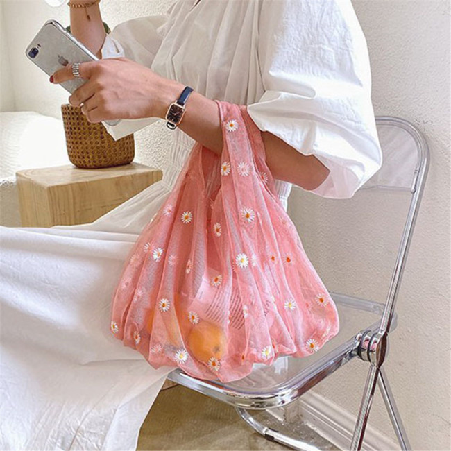 Wholesale Women Cute Daisy Embroidery Mesh Shoulder Bag