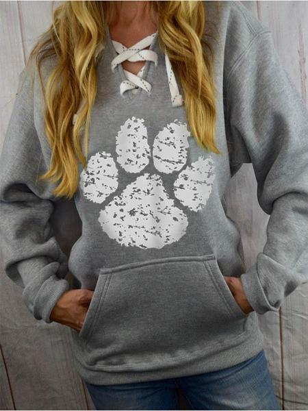 Women's Dog Claw Print Casual Lace Up Hoodie