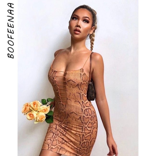BOOFEENAA Brown Snake Skin Print Sexy Dresses Summer 2021 Clubwear Hollow Out Deep V Spaghetti Strap Bodycon Mini Dress C83-BC13