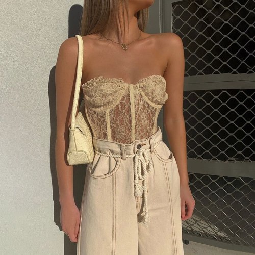 Cryptographic Strapless Mesh Lace Sheer Crop Tops for Women Sexy Backless Sleeveless Cropped Feminino Tops Underwear