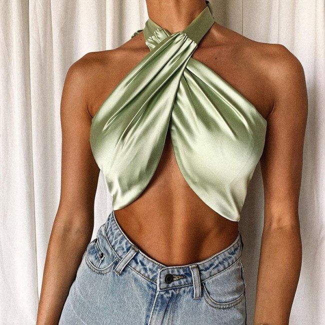 Cryptographic Silky Satin Halter Sexy Backless Criss-Cross Crop Top for Women Sleeveless Summer Fashion Outfit Party Wrap Top
