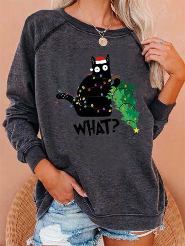 Women's Christmas Funny Cat Print Casual Sweatshirt
