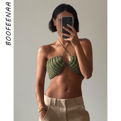 BOOFEENAA Sexy Knitted Criss Cross Halter Top Women Clothes Summer 2021 Solid Sweater Tanks Camis Wholesale Crop Tops C71-AE10