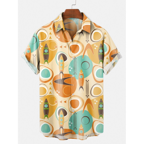 Shibely Men's Orange Geometric Rocket Print Casual Shirt