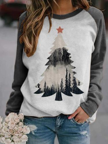 Christmas Tree Misty Treetop Silhouette Print Casual Sweatshirt