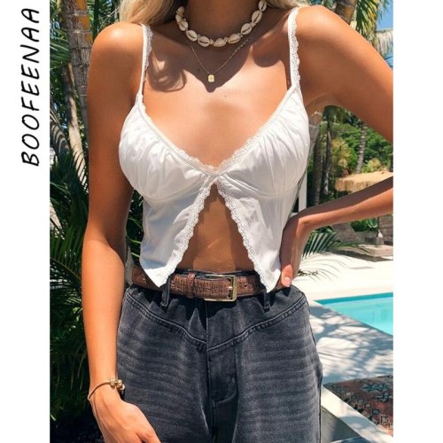 BOOFEENAA White Lace Sexy Crop Tops Summer 2020 Spaghetti Strap Backless Cute Tank Tops for Women Clothes Cami C76-AF10