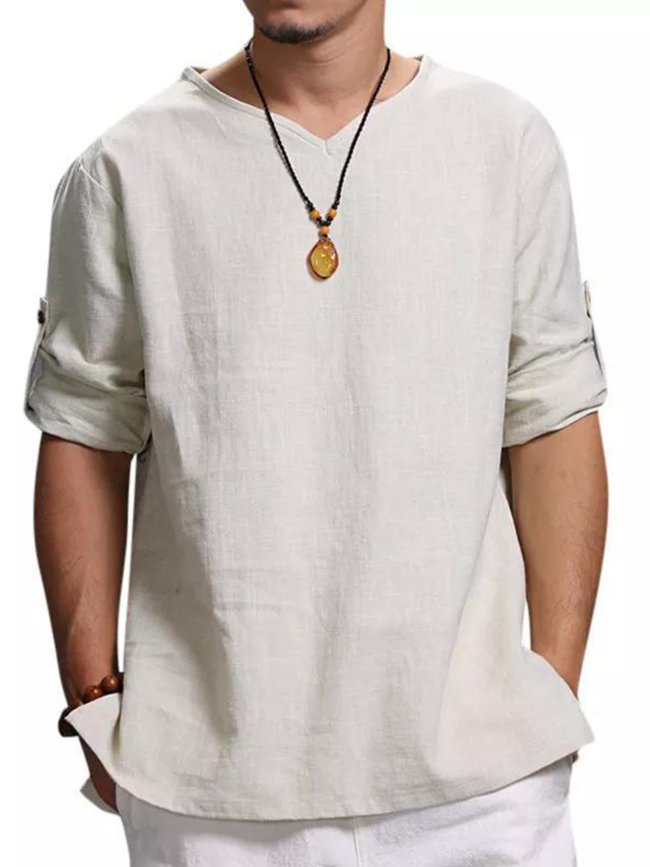 Men's Solid Cotton and Linen Tee