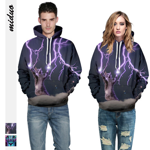 Lightning Cat Digital Print Loose Hooded Couple Sweatshirt