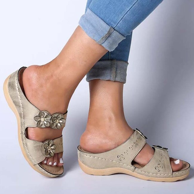 Women Sandals Casual Low Heel Wedges Shoes For Women Peep Toe Summer Sandals Flower Beach Chaussure Femme Plus Size 42 Slippers