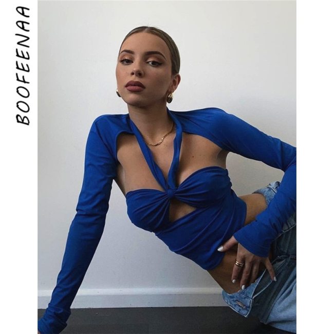 BOOFEENAA Asymmetric Hollow Out Long Sleeve Crop Top Fall 2021 Streetwear Women Sexy Solid T Shirts Black Blue C71-BE16