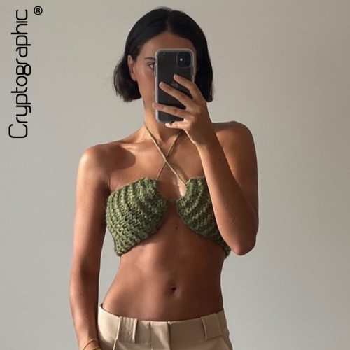 Cryptographic Summer Knitting Sexy Halter Crop Tops for Women Sleeveless Backless Bandage Cut-Out Top Cropped Club Party Outfits